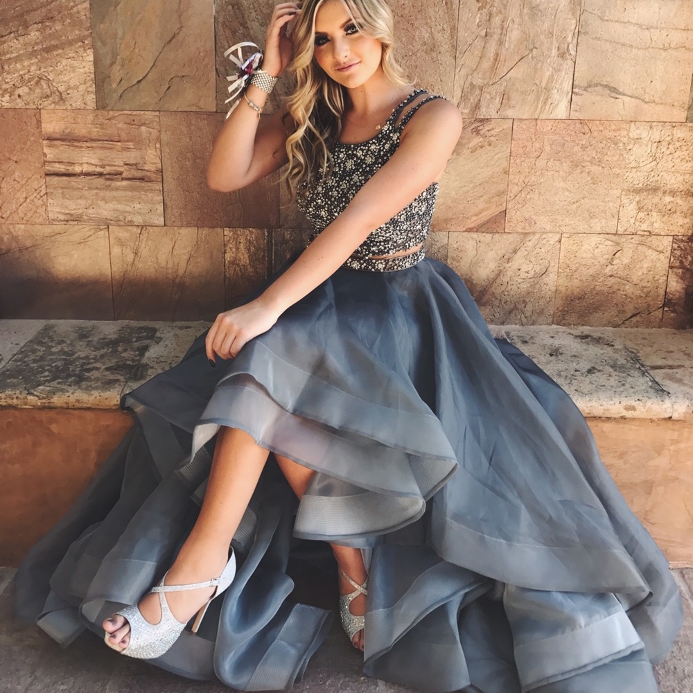 Long and Sparkly Gray Two-Piece Prom Dress